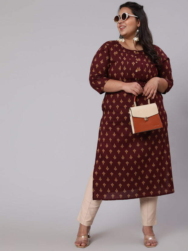 Women Plus Size Burgundy Printed straight Kurta