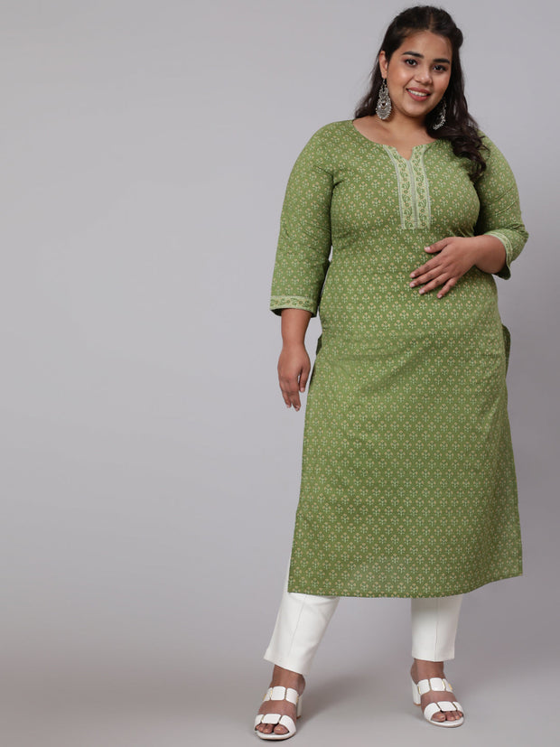 Women Plus Size Green Printed straight Kurta