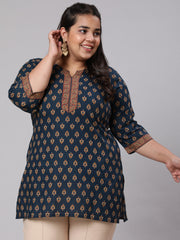 Women Plus Size Navy Blue Tunic With Three Quarter Sleeves