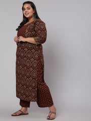 Plus Size Women Brown Printed Pure Cotton Kurta with Trousers & Dupatta