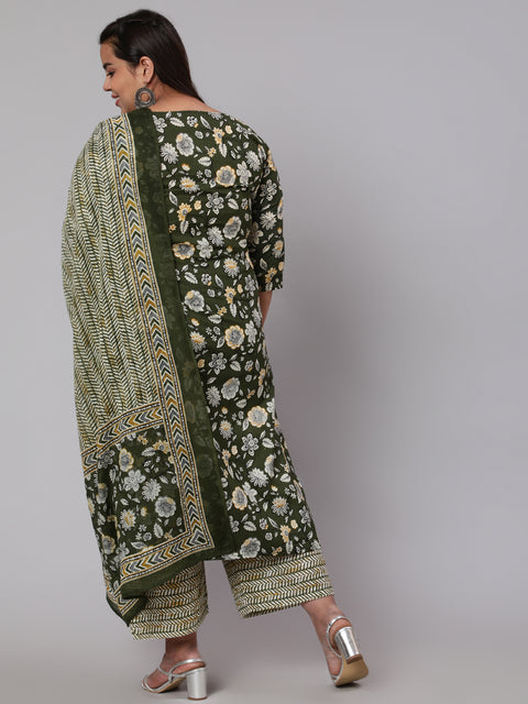 WomenPlus Size Green Floral Printed Kurta And Palazzo With Dupatta