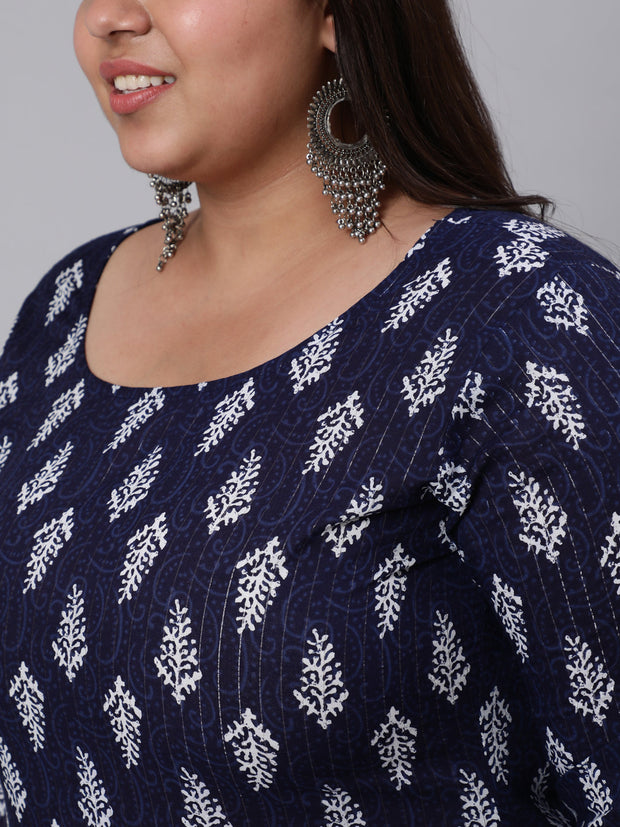 Women Plus Size Navy Blue floral Printed Kurta And Palazzo With Dupatta