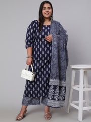 Women Plus Size Navy Blue floral Printed Kurta And Palazzo With Dupatta