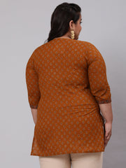 Women Plus Size Mustard Ethnic Tunic With Three Quarter Sleeves