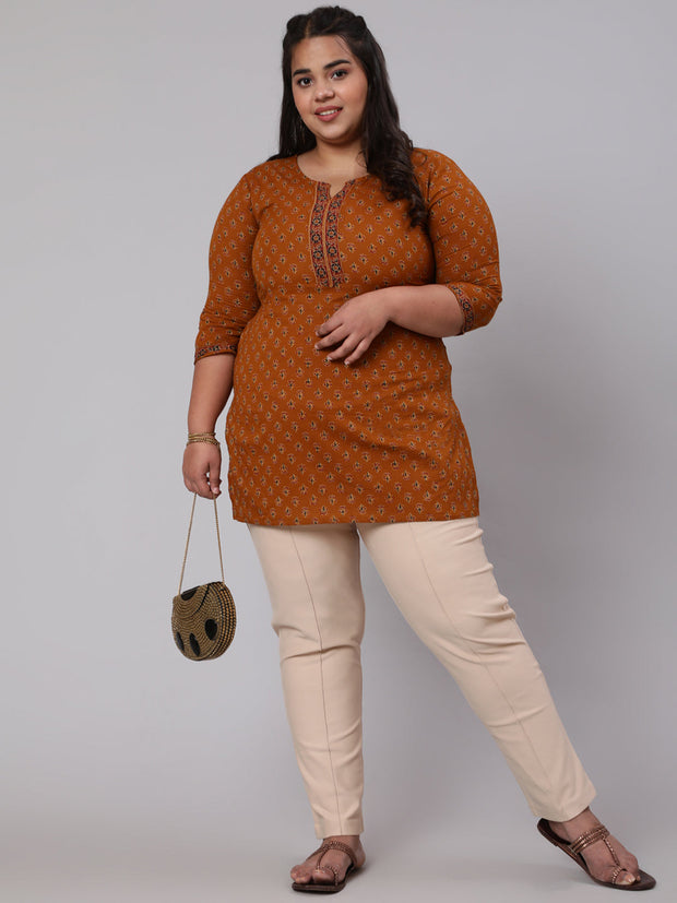 Women Plus Size Mustard Ethnic Tunic With Three Quarter Sleeves