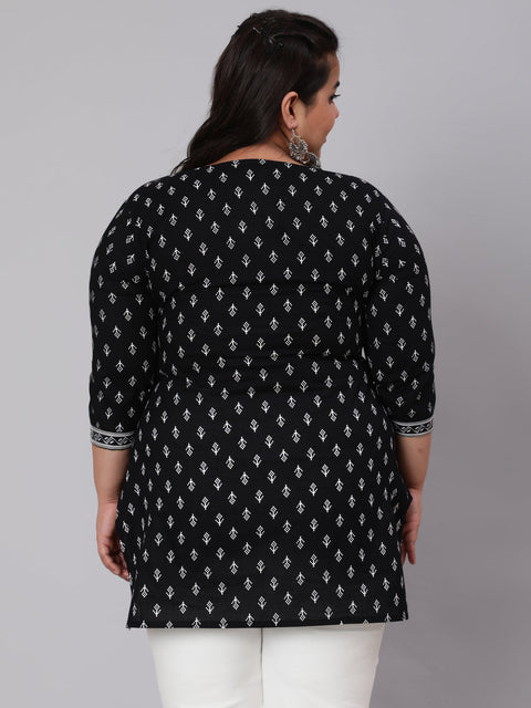 Women Plus Size Black Printed Tunic WIth Three Quarter Sleeves
