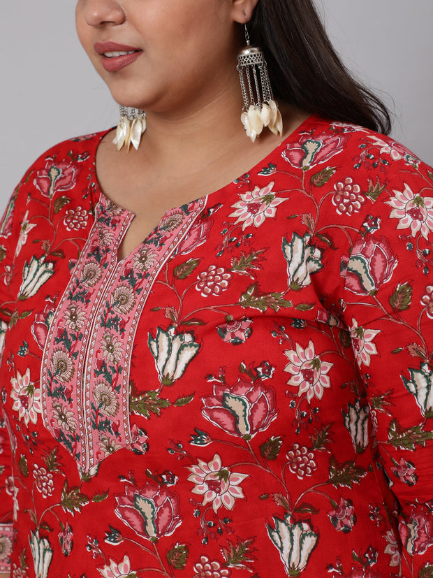 Women Plus Size Red Ethnic Tunic With Three Quarter Sleeves