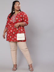 Women Plus Size Red Ethnic Tunic With Three Quarter Sleeves