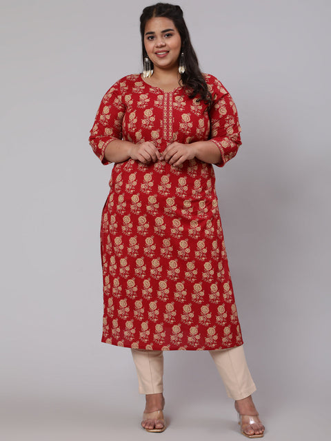 Plus Size Women Red & Beige Printed Straight kurta with Three Quarters Sleeves