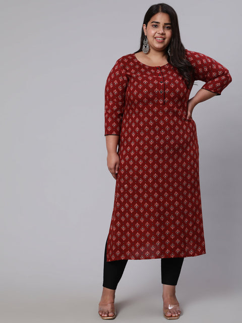 Plus Size Women  Maroon Printed Straight kurta with Three Quarters Sleeves
