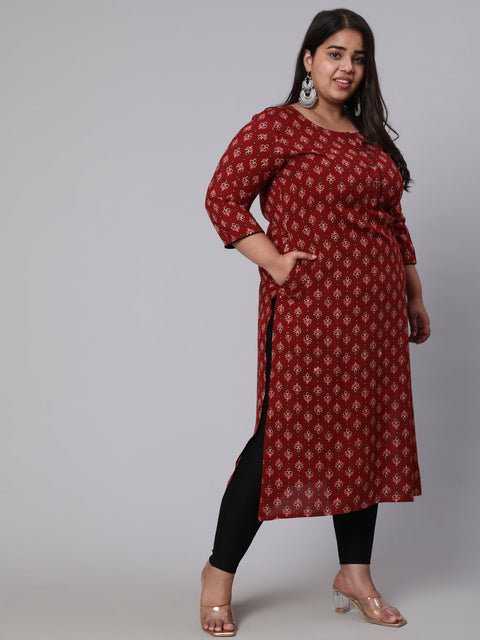Plus Size Women  Maroon Printed Straight kurta with Three Quarters Sleeves