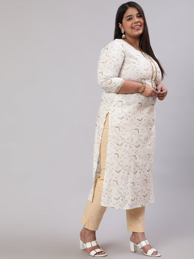 Plus Size Women Off White Printed Straight kurta with Three Quarters Sleeves