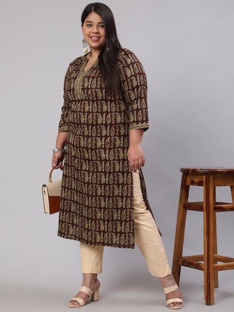 Plus Size Women  Brown Printed Straight kurta with Three Quarters Sleeves