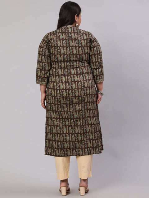 Plus Size Women  Dark Brown Printed Straight kurta with Three Quarters Sleeves