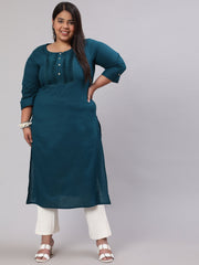 Plus Size Women  Teal Blue Printed Straight kurta with Three Quarters Sleeves