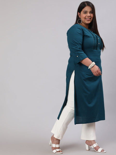 Plus Size Women  Teal Blue Printed Straight kurta with Three Quarters Sleeves