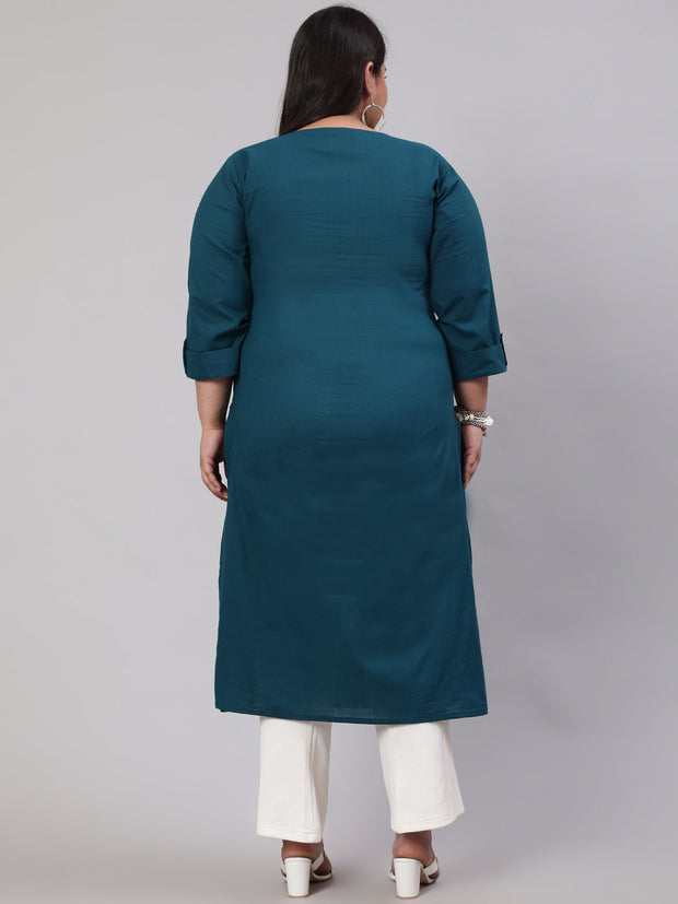 Plus Size Women  Teal Blue Printed Straight kurta with Three Quarters Sleeves