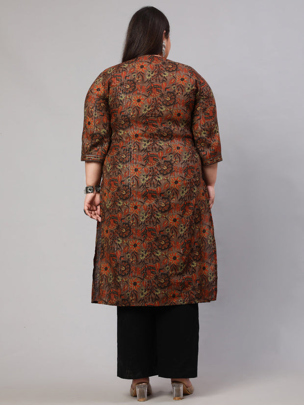 Women Plus Size Multi Printed Straight kurta with Three Quarters Sleeves