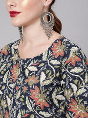 Women Navy Blue Floral Printed Straight Kurta With Three Quarter Sleeves