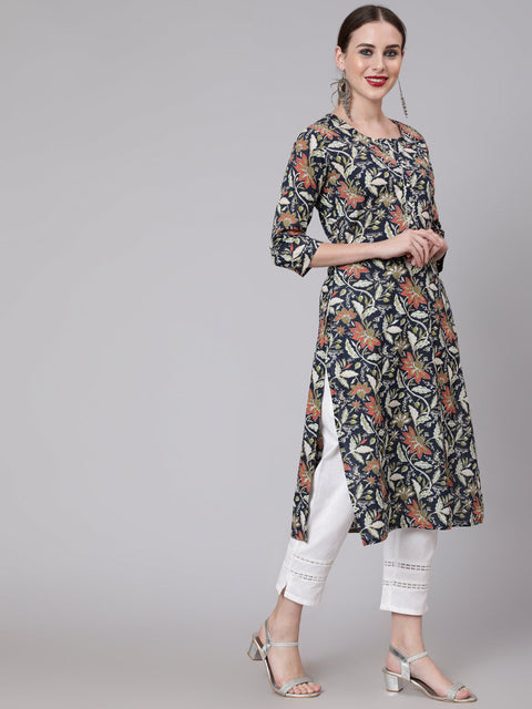 Women Navy Blue Floral Printed Straight Kurta With Three Quarter Sleeves