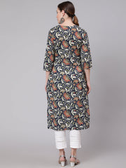 Women Navy Blue Floral Printed Straight Kurta With Three Quarter Sleeves