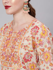 Women Multi Embroidered Printed Flared Dress With Three Quarter Sleeves