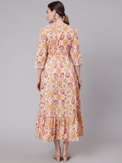 Women Multi Embroidered Printed Flared Dress With Three Quarter Sleeves