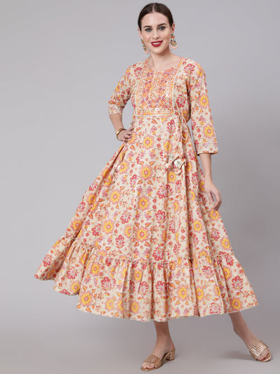 Women Multi Embroidered Printed Flared Dress With Three Quarter Sleeves