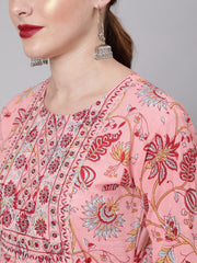 Women Peach Printed Embroidered Dress With Three Quarter Sleeves