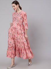 Women Peach Printed Embroidered Dress With Three Quarter Sleeves