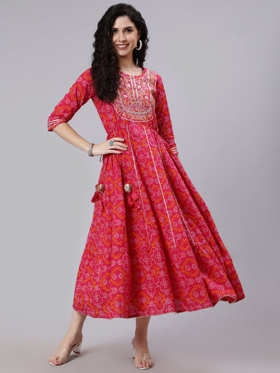 Women Pink Embroidered Flared Dress With Tesals Details