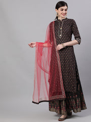 Women Black Three-Quarter Sleeves Straight Kurta Skirt With Dupatta