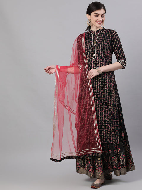 Women Black Three-Quarter Sleeves Straight Kurta Skirt With Dupatta