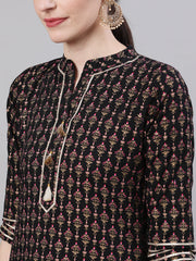 Women Black Three-Quarter Sleeves Straight Kurta Skirt With Dupatta