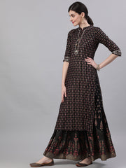 Women Black Three-Quarter Sleeves Straight Kurta Skirt With Dupatta