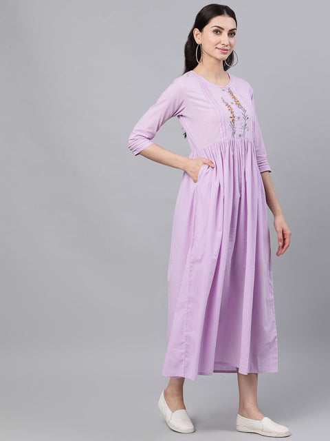 Women Lavender Solid Solid Round Neck Cotton Maxi Dress